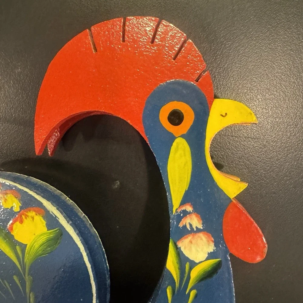 Portugal Painted Folk Art Wooden Rooster Letter Holder Wood Bird Portuguese 7.5